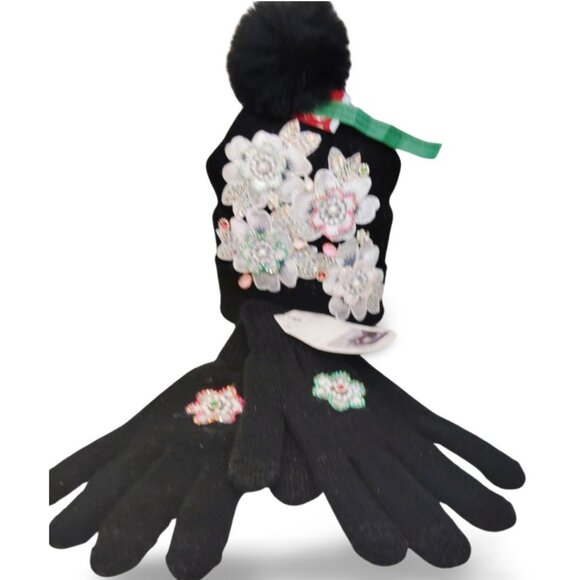 Luxe Black Knit Floral Embroidered Pink Crystal Beanie & Glove Set TT1524 - Picture 1 of 6